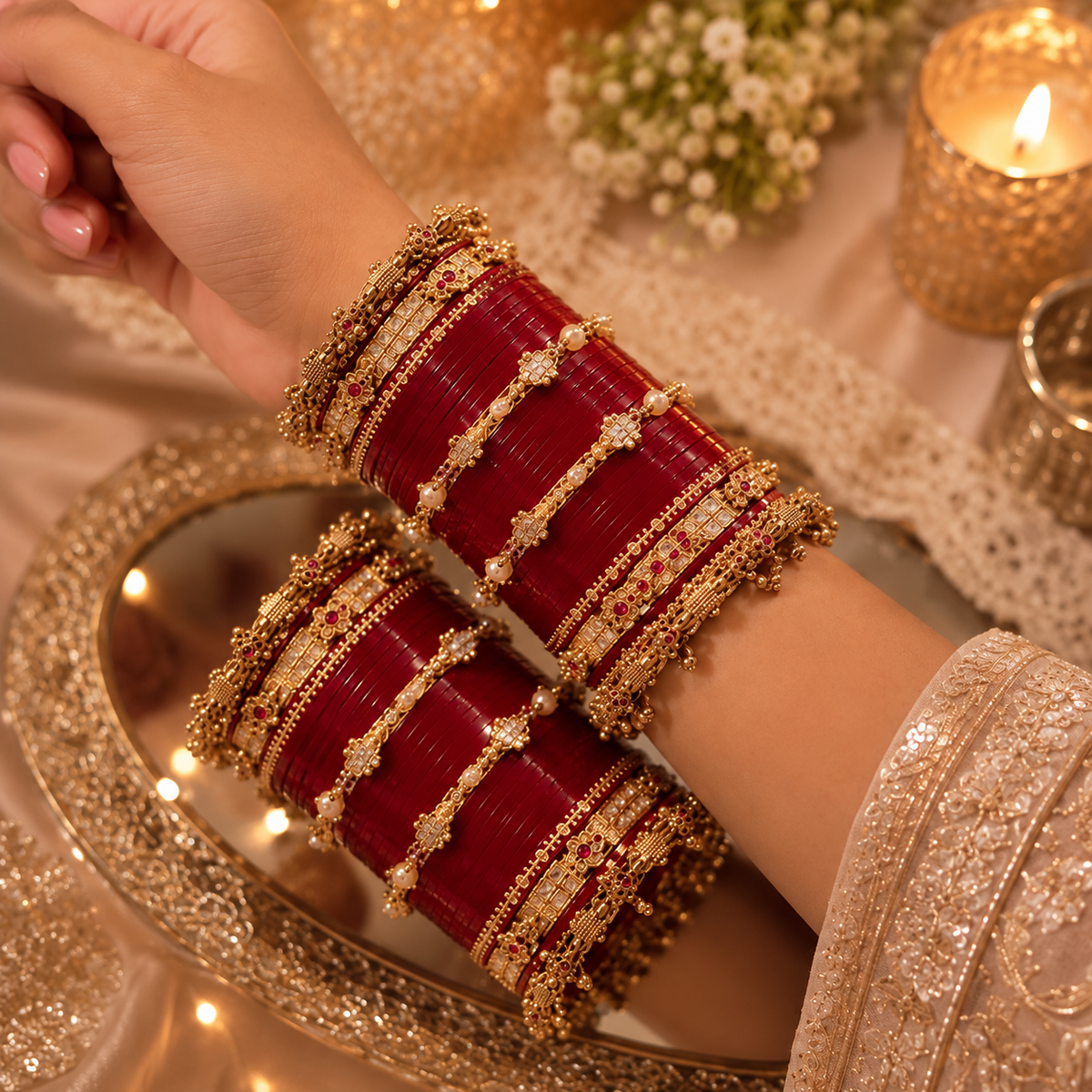 Maroon Bangles with Gold-Tone Borders and Colorful Stone Details