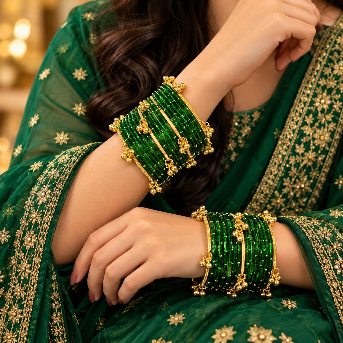 Emerald Green Bangles with Gold-Tone Hanging Charms