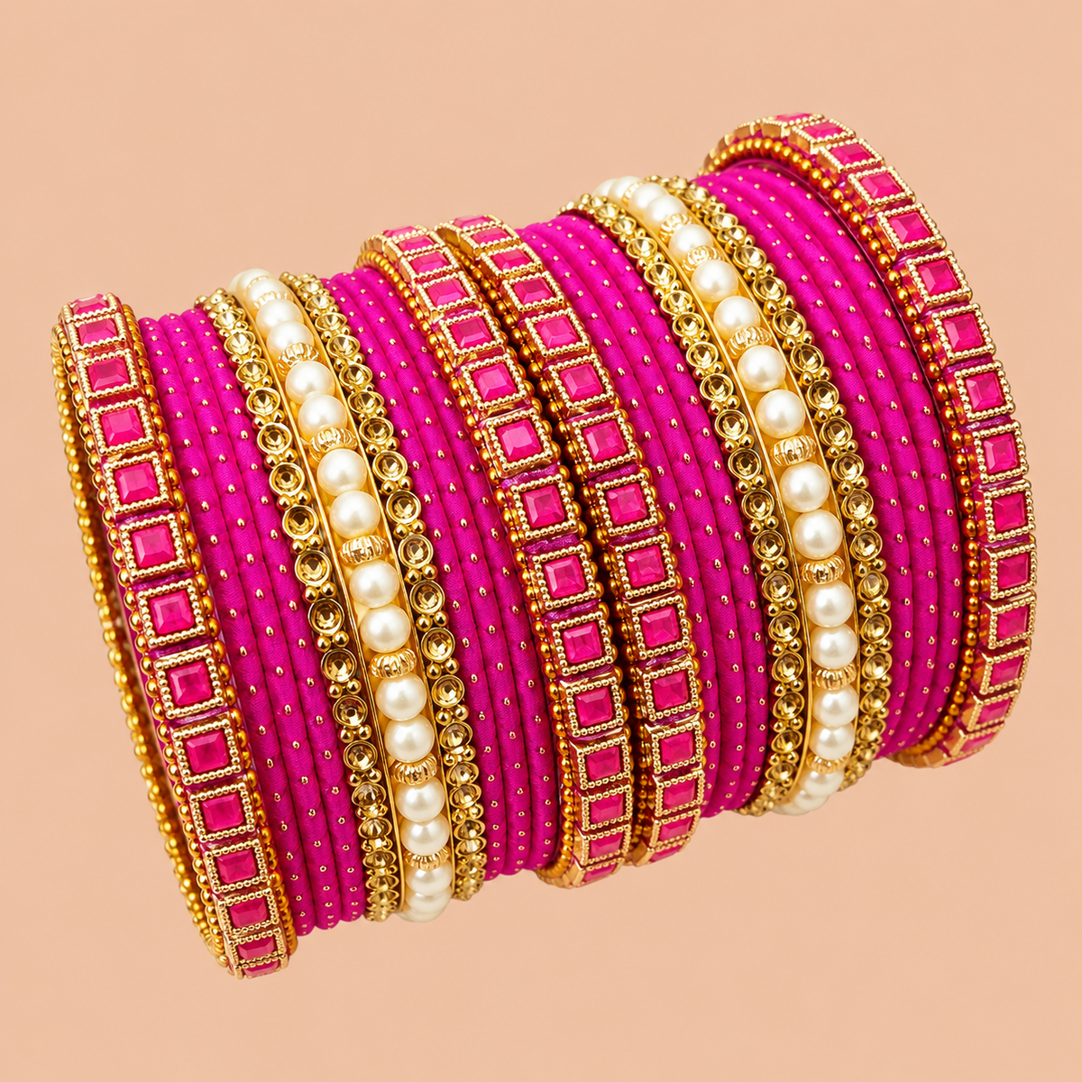 Magenta Pink Bangles with Gold-Tone Pearl Accents