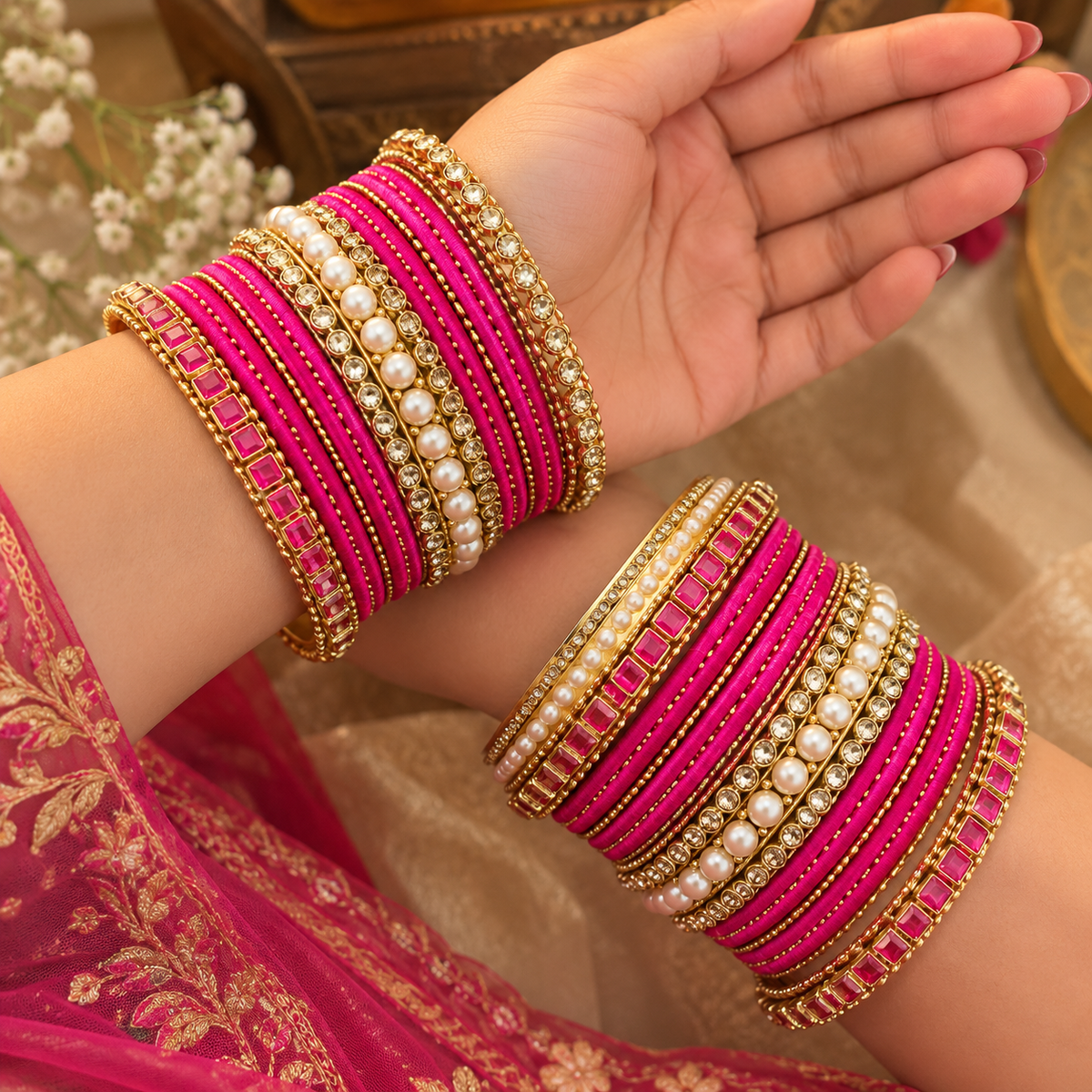 Magenta Pink Bangles with Gold-Tone Pearl Accents