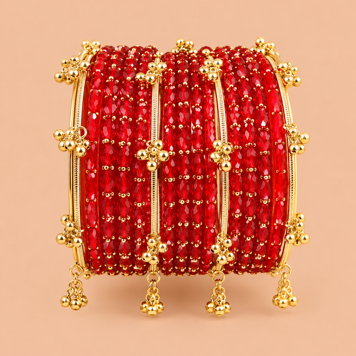 Red Beaded Bangles with Gold-Tone Hanging Charms