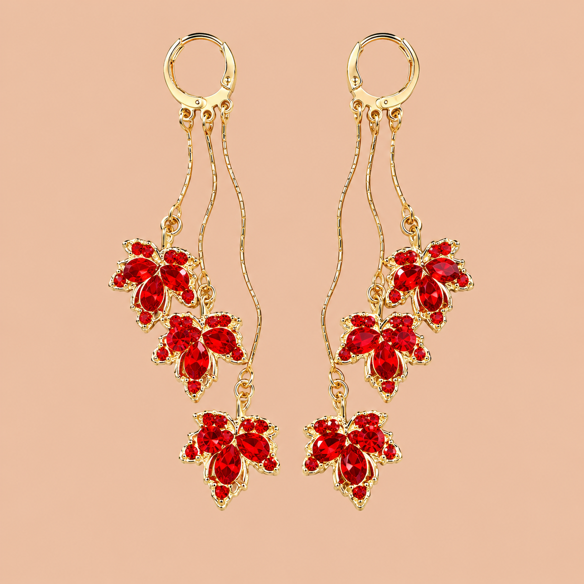 Red Maple Leaf Crystal Tassel Earrings