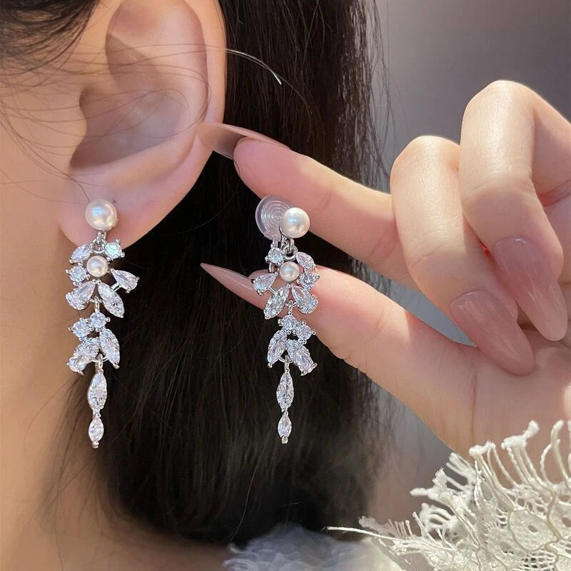 Pearl Zircon Floral Tassel Drop Earrings – Silver