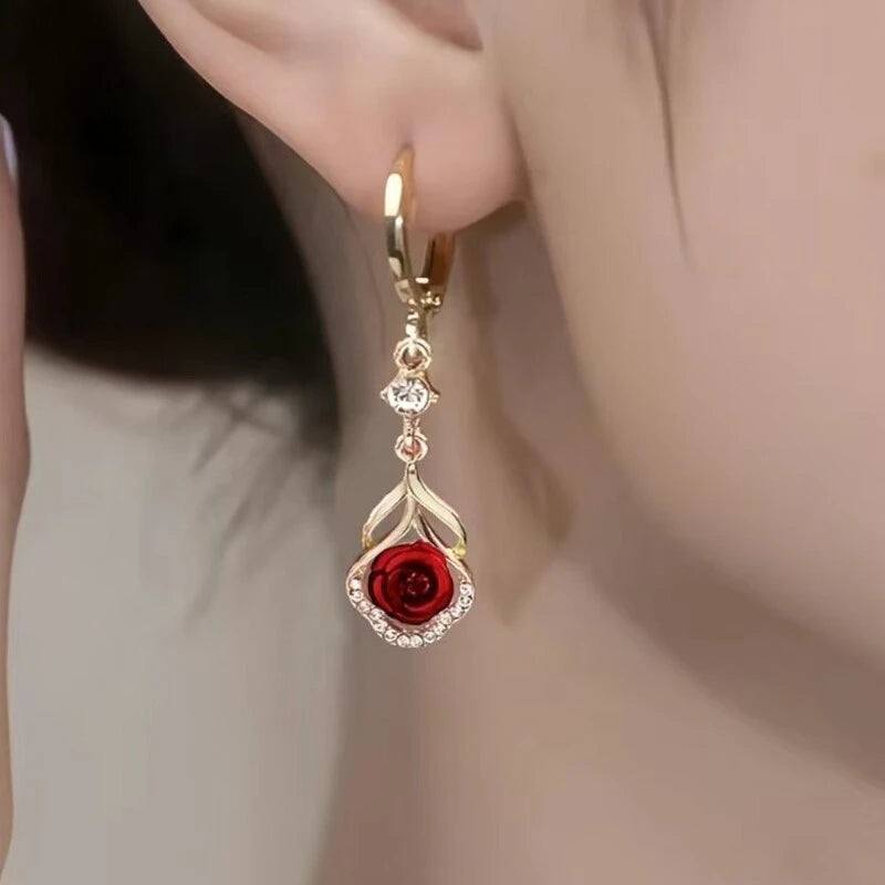 Red Rose Crystal Drop Earrings