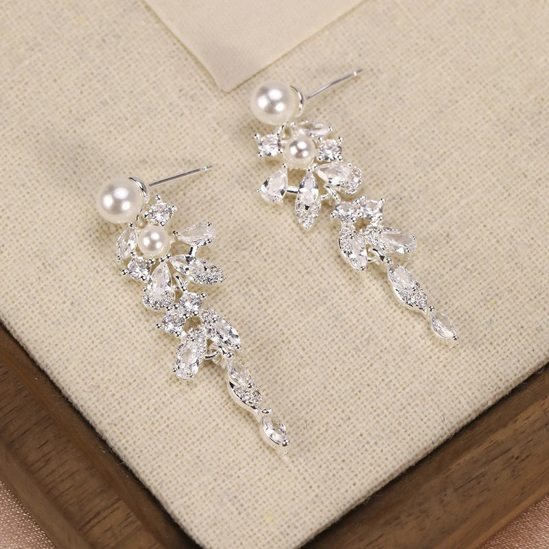 Pearl Zircon Floral Tassel Drop Earrings – Silver