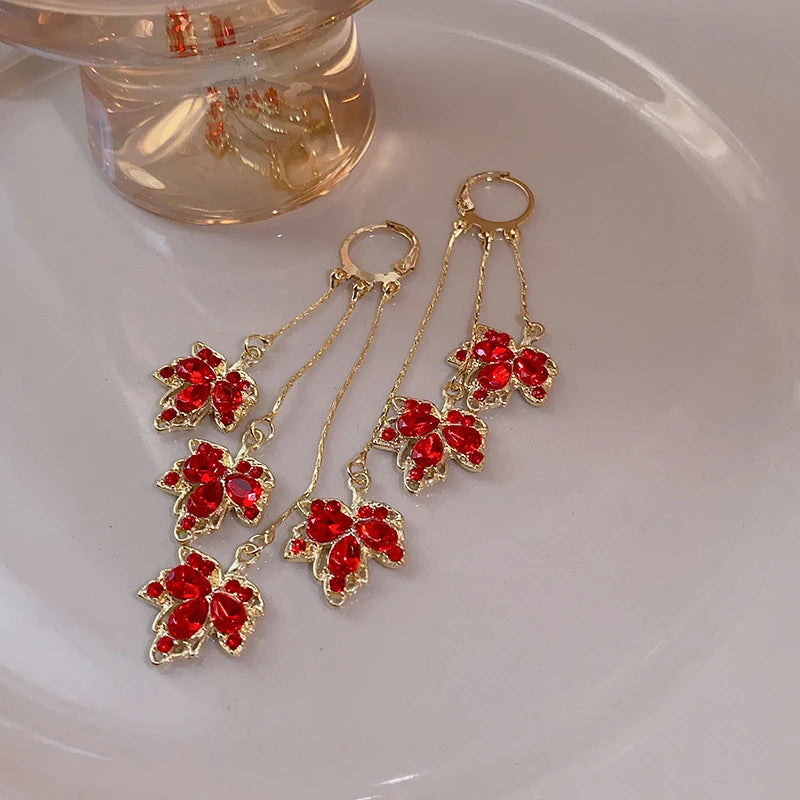 Red Maple Leaf Crystal Tassel Earrings