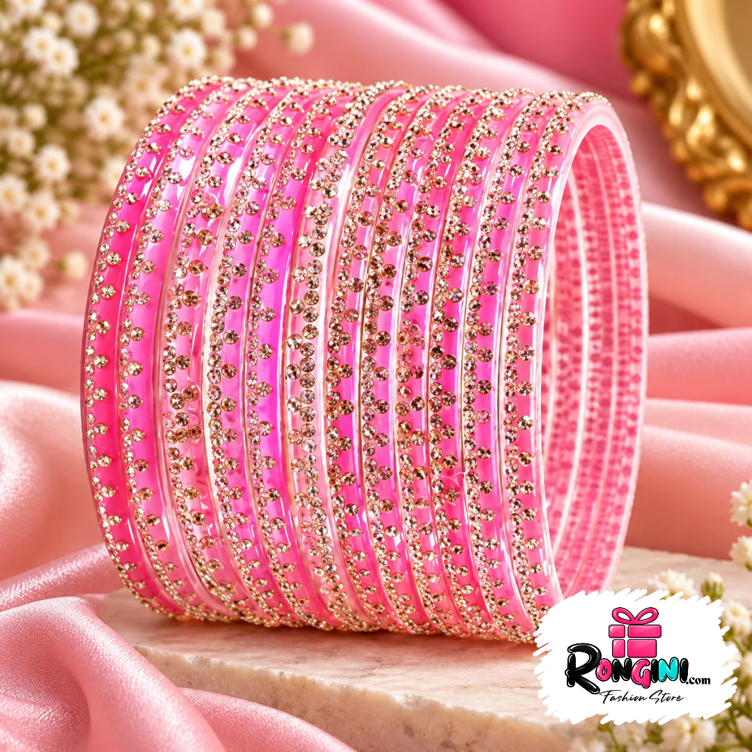 Pink Stone Studded Bangles with Glossy Finish