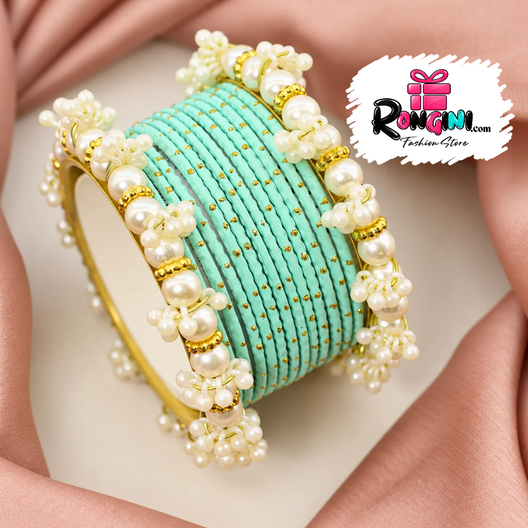 Teal Velvet Bangles with Pearl Clusters and Gold Details