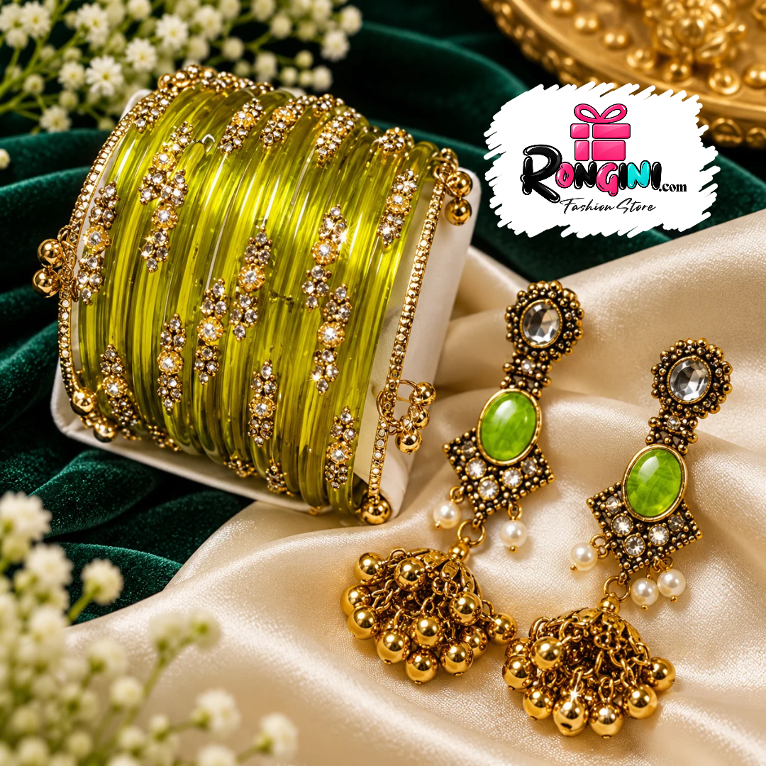 Lime Green Stone Studded Glass Bangles and Earrings Set