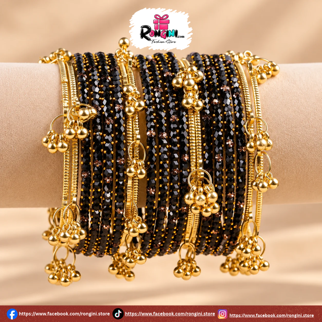 Black Beaded Bangles with Gold Tone Dangling Charms