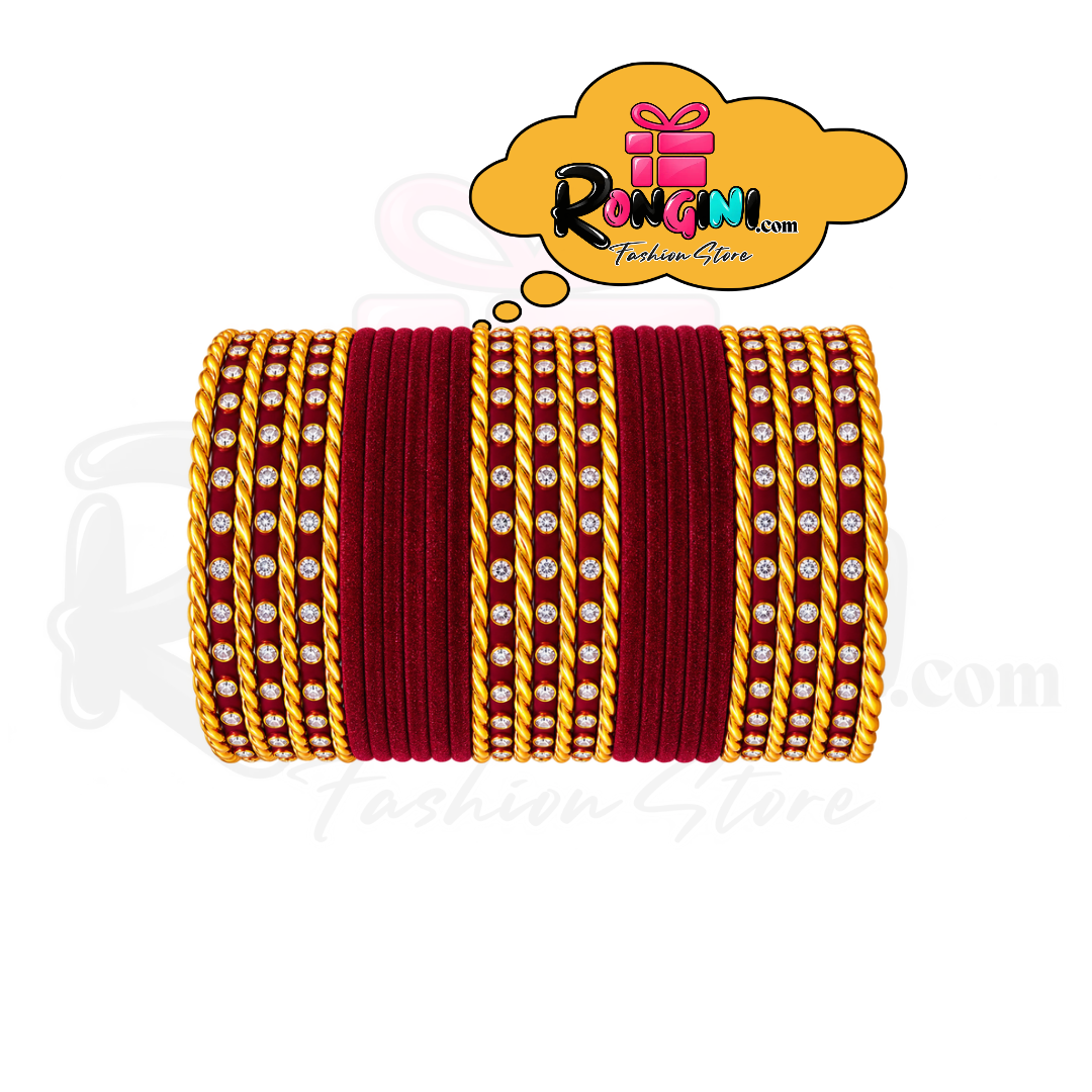 Maroon Velvet Bangles with Gold Stone Bala Set for Women
