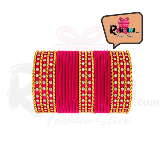 Pink Velvet Glass Bangles and Gold Stone Bala Set Women