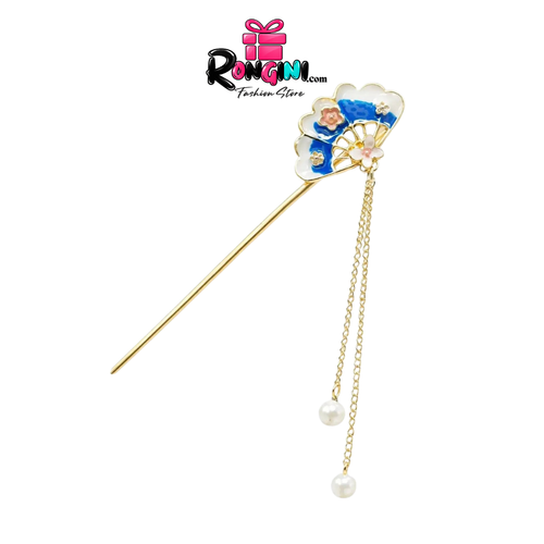 Blue Enamel Folding Fan Tassel Hair Stick for Women