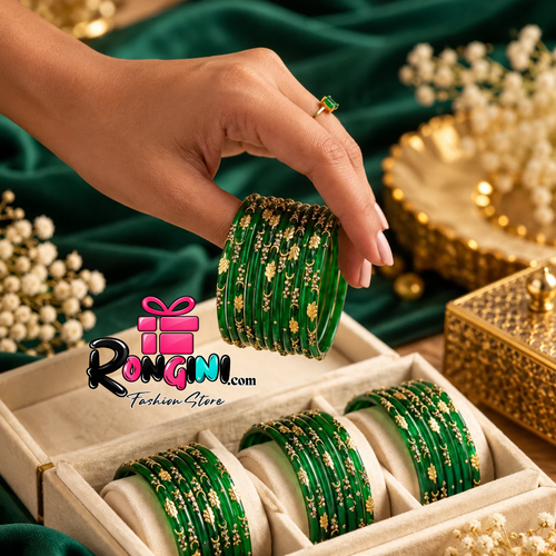 Jaipuri Green Glass Bangles and Kundan Bala Set for Women - Hover
