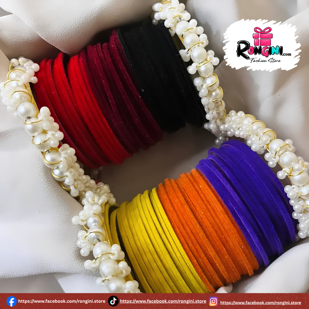 Velvet Glass Bangles and Pearl Cluster Bala Set for Women