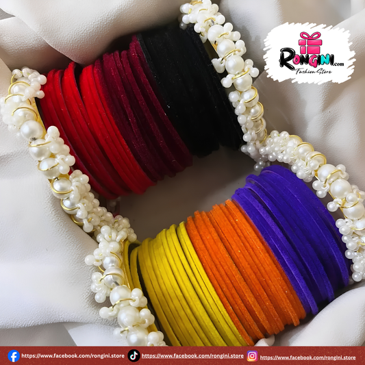 Velvet Glass Bangles and Pearl Cluster Bala Set for Women