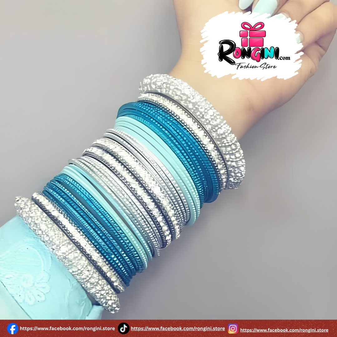 Aqua Blue Glass Bangles Silver Glitter Bala Set for Women