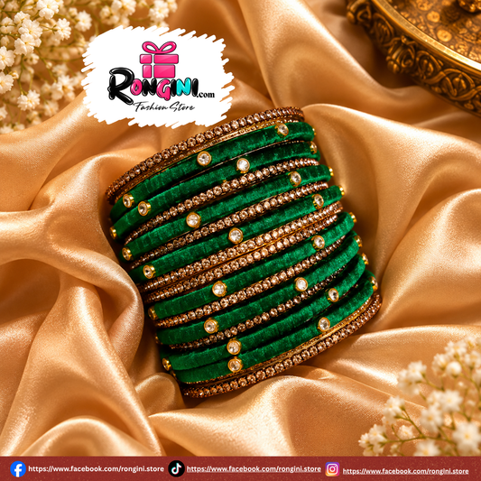 Dark Green Velvet Stone Studded Bangles Set for Women