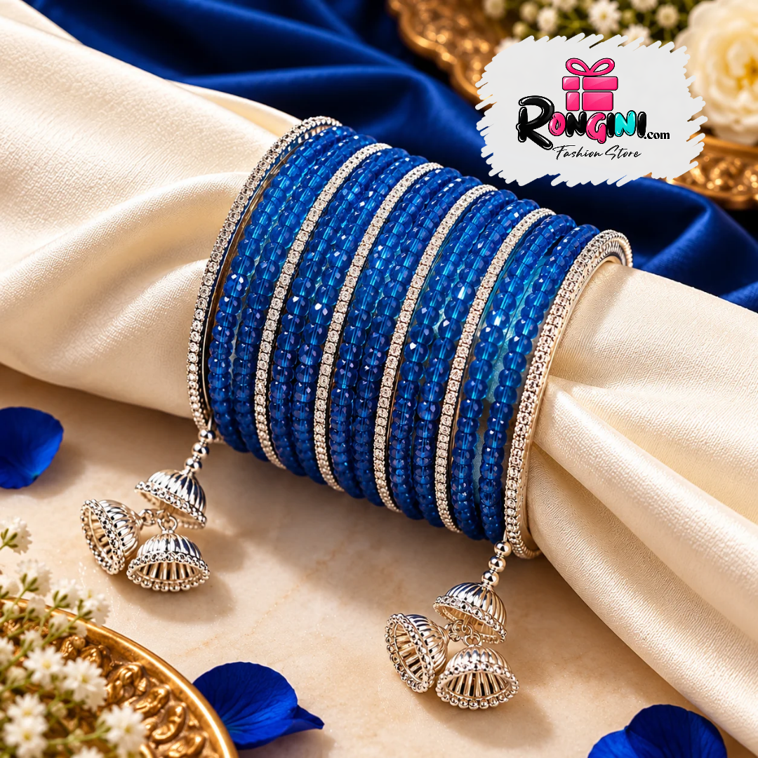 Red Crystal Bangles with Silver Tone Jhumka Charms
