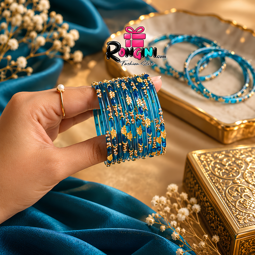 Jaipuri Blue Glass Bangles and Kundan Bala Set for Women - Hover