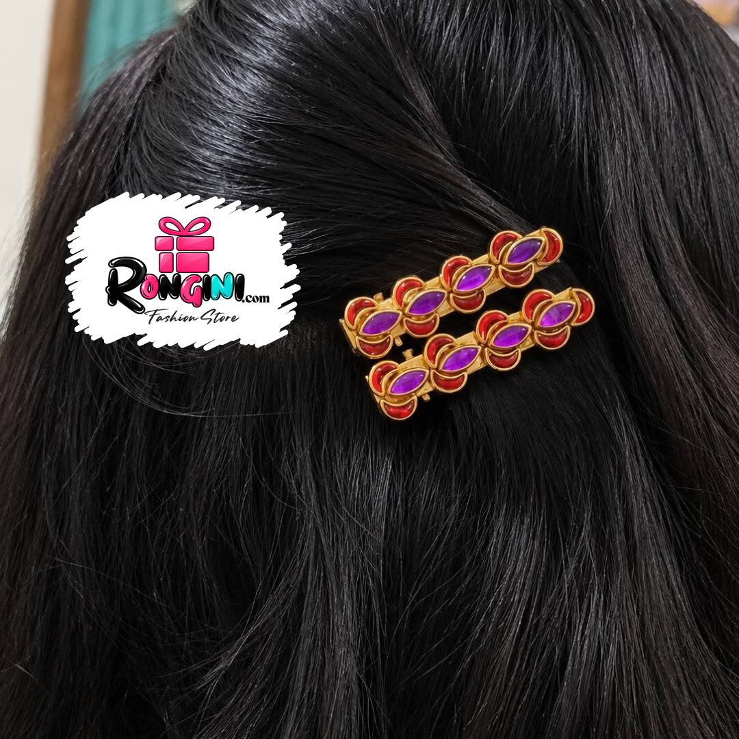 Gold Plated Traditional Floral Hair Clips 2 Pcs Women