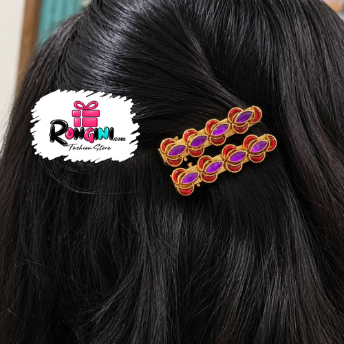 Gold Plated Traditional Floral Hair Clips 2 Pcs Women