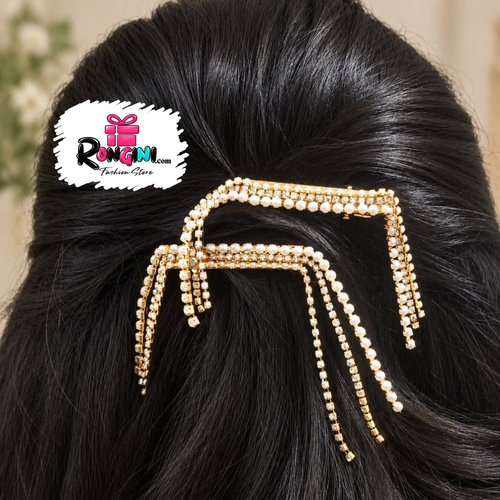 Gold Plated Pearl Rhinestone Tassel Hair Clips 2 Pcs