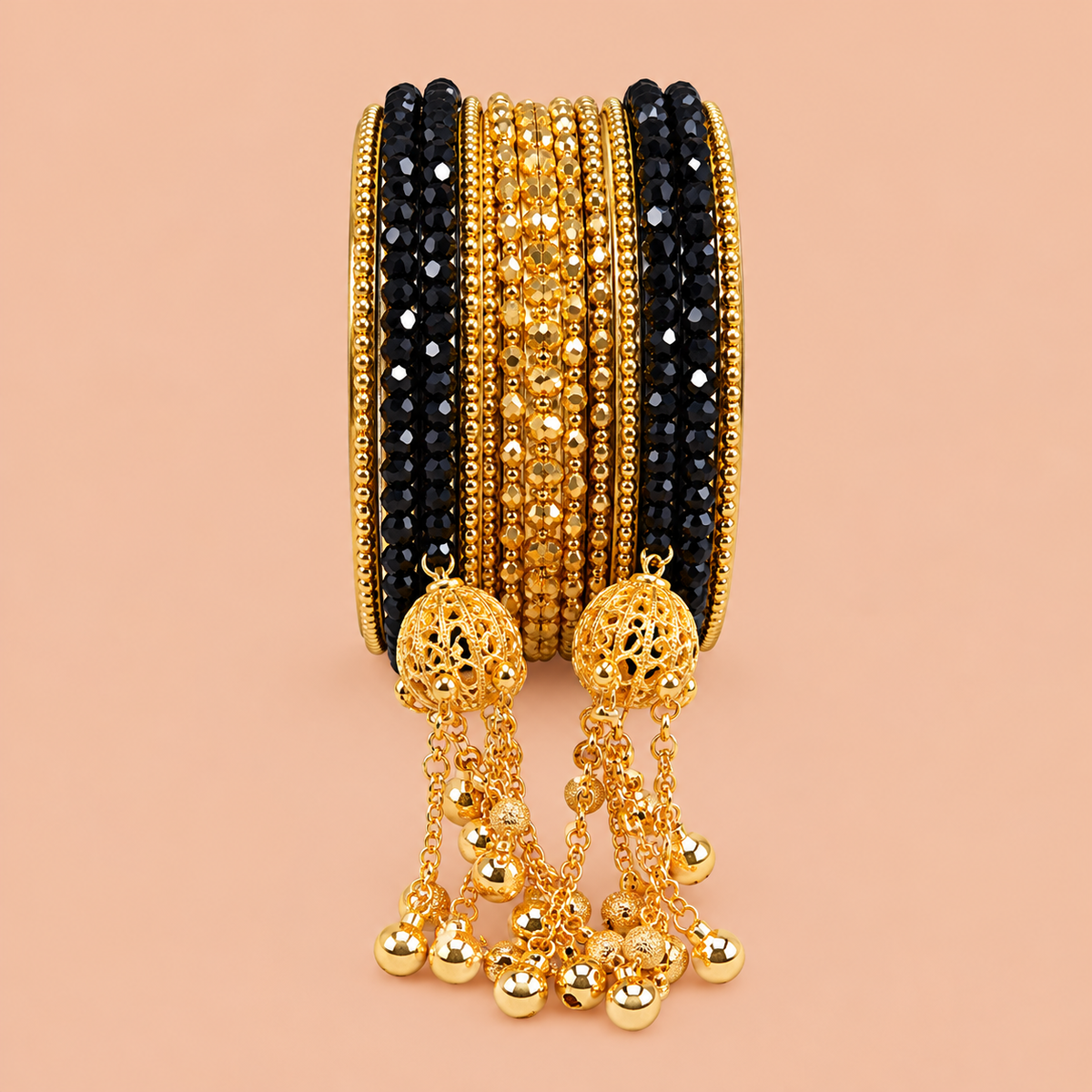 Black and Gold Bangles with Decorative Hanging Charms