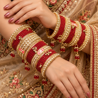 Red Bridal Bangles with Gold-Tone Pearl and Stone Details