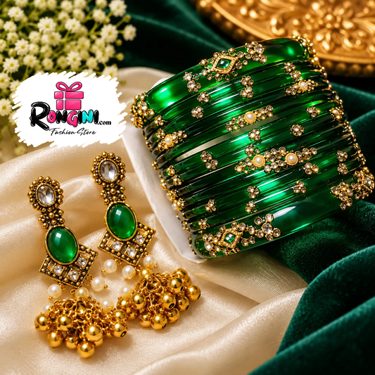 Green Kundan Glass Bangles and Earrings Set for Women