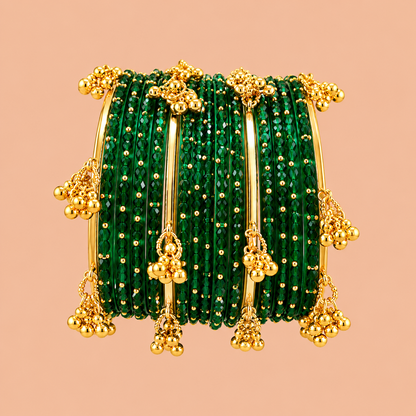 Emerald Green Bangles with Gold-Tone Hanging Charms