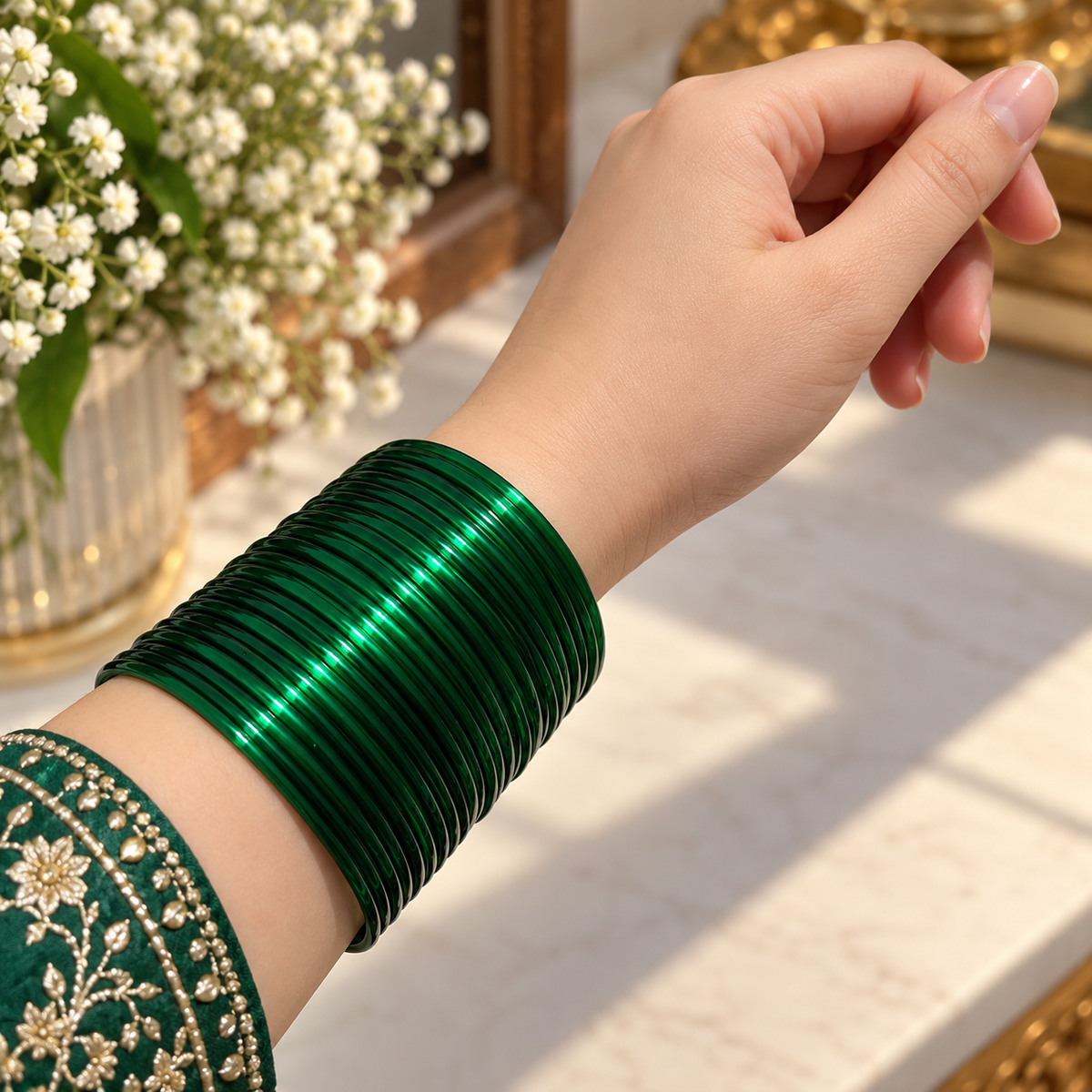 Emerald Green Glossy Churi Bangles for Women