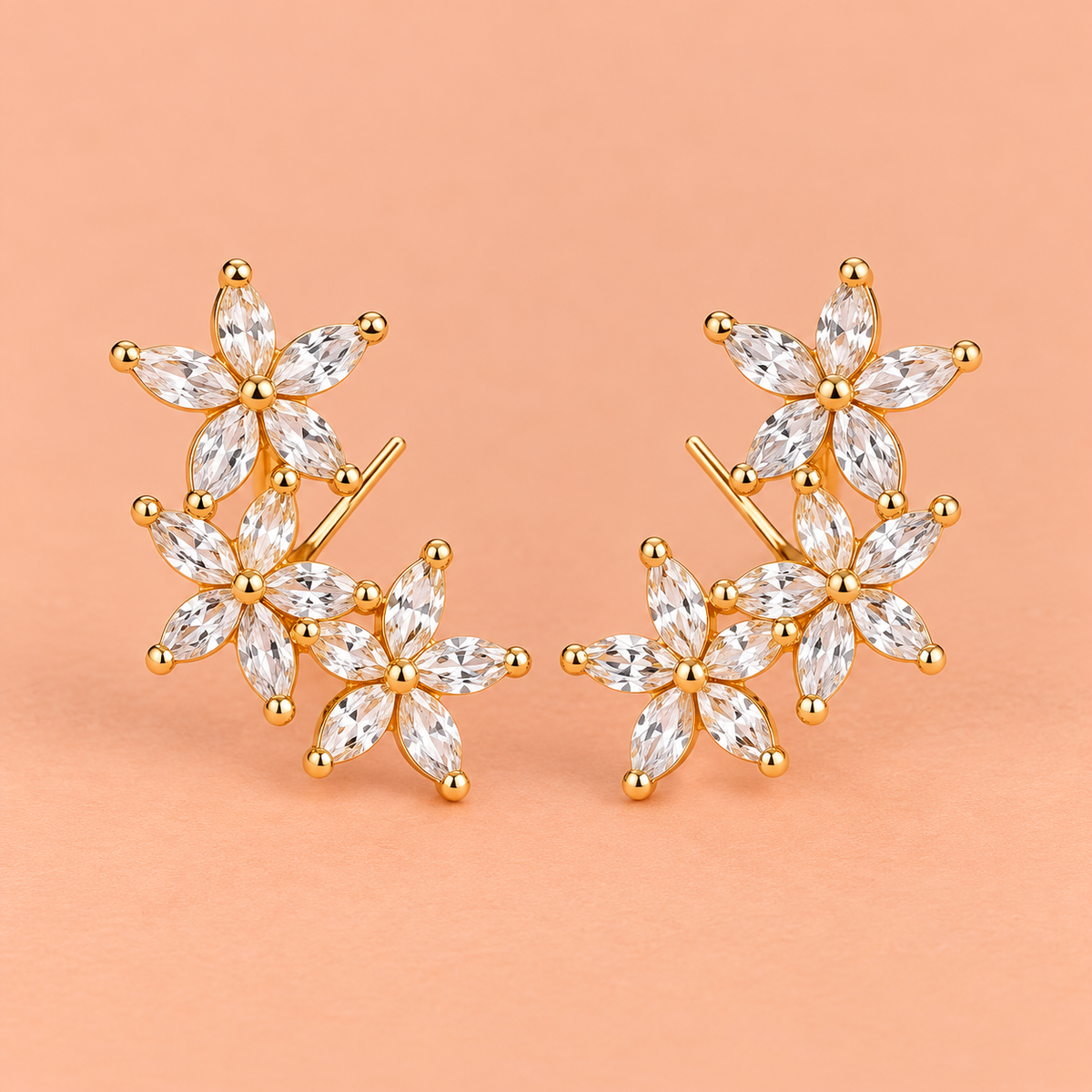 Golden Crystal Floral Stud Earrings