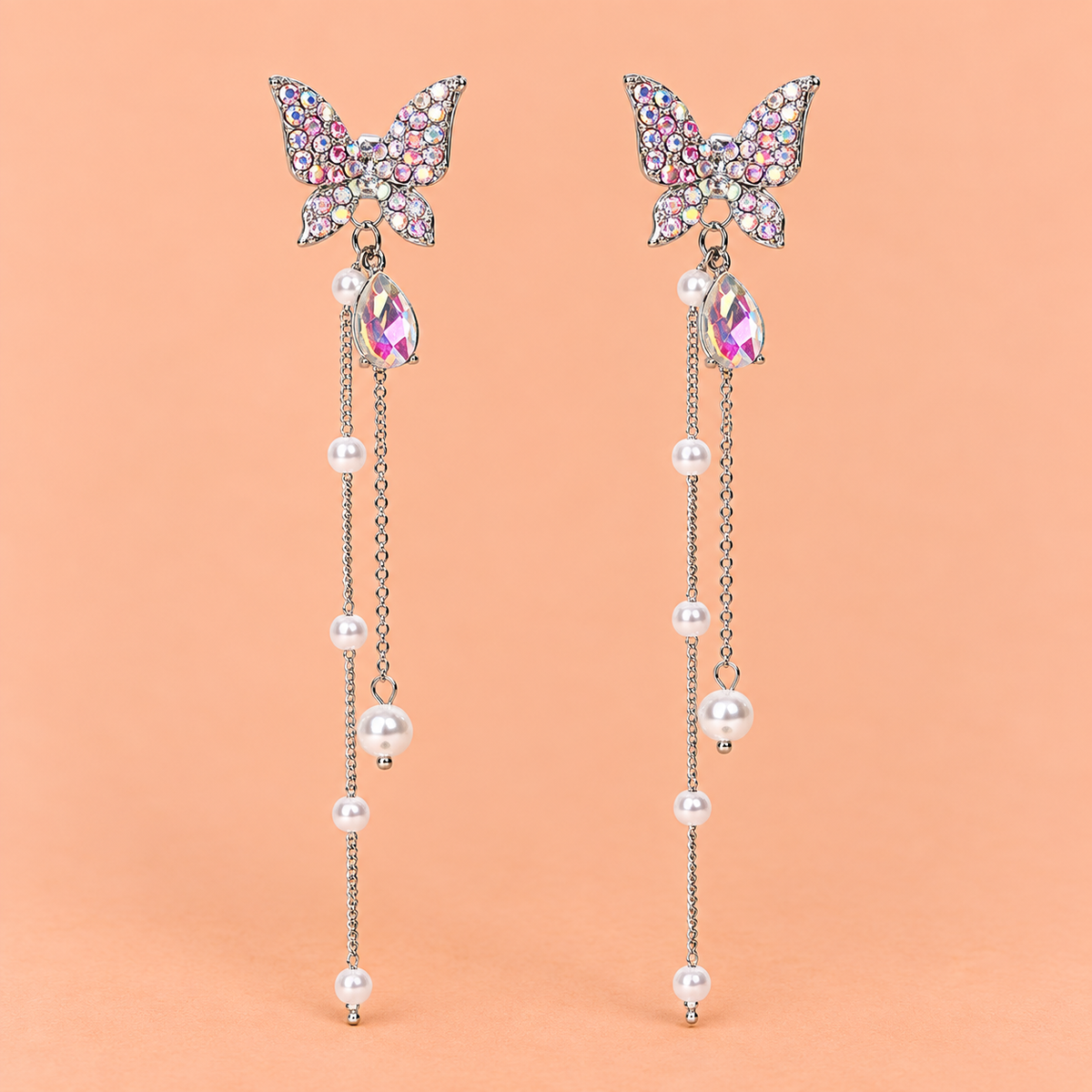 Rhinestone Butterfly Pearl Drop Earrings