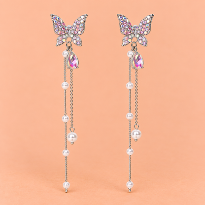 Rhinestone Butterfly Pearl Drop Earrings