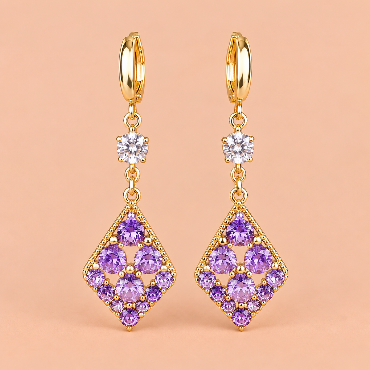 Gold Purple Diamond Tassel Earrings