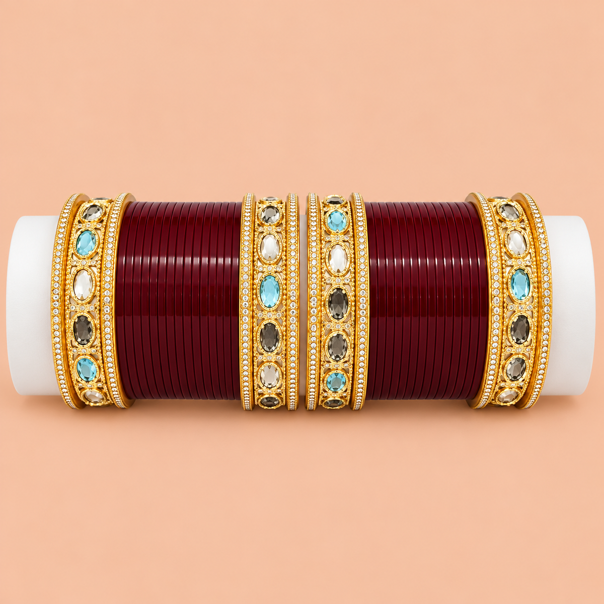 Maroon Bangles with Gold-Tone Borders and Colorful Stone Details