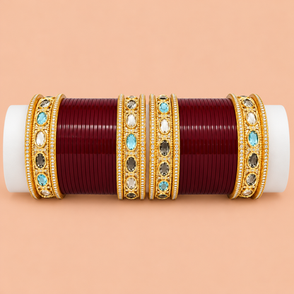 Maroon Bangles with Gold-Tone Borders and Colorful Stone Details