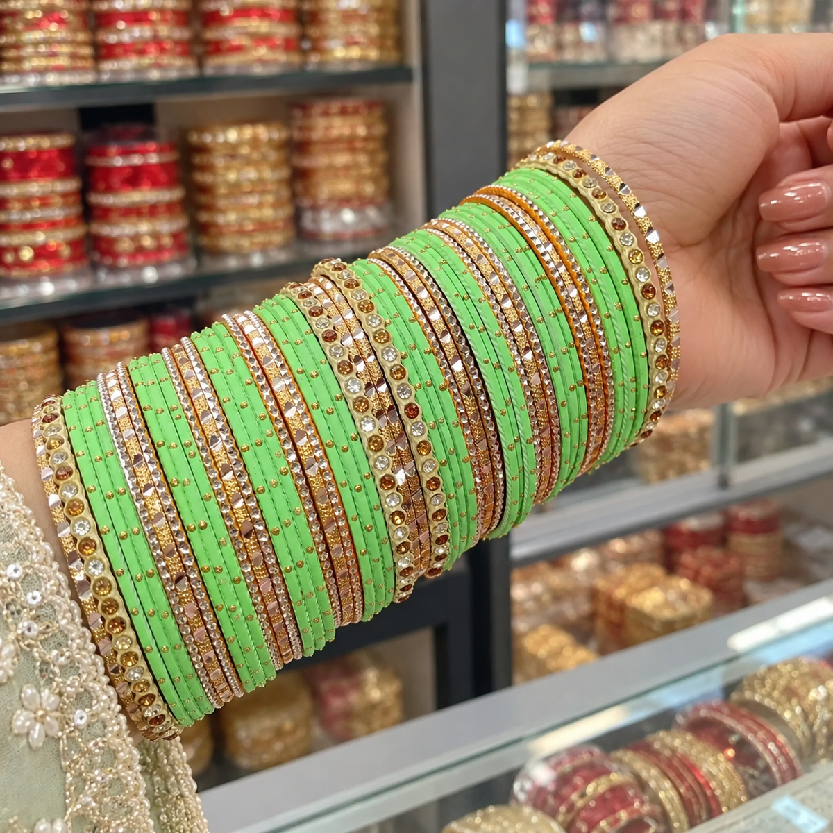 Mint Green & Gold Embellished Bangles for Women