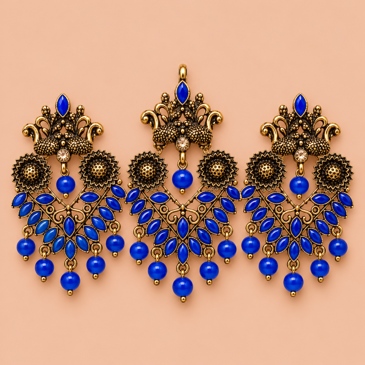 Blue Stone Gold Tone Traditional Necklace Set
