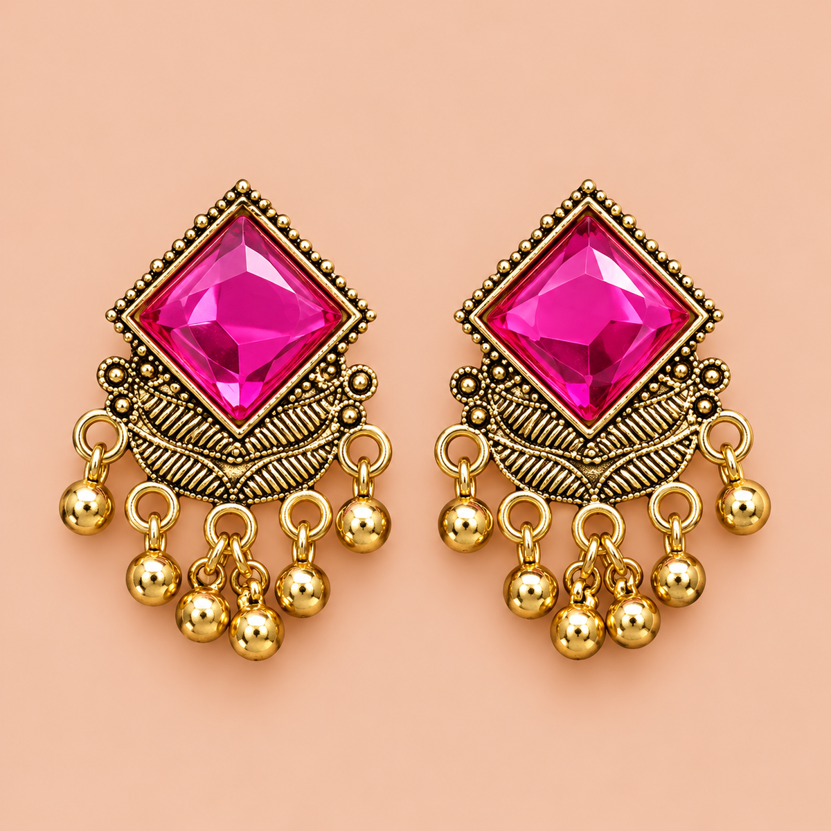 Pink Stone Gold Tone Traditional Dangle Earrings
