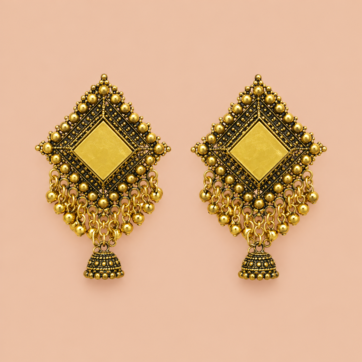 Gold-Tone Square Mirror Chandelier Jhumka Earrings