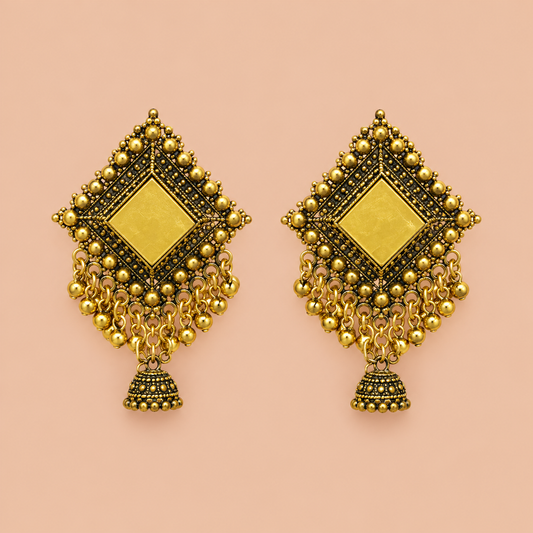 Gold-Tone Square Mirror Chandelier Jhumka Earrings