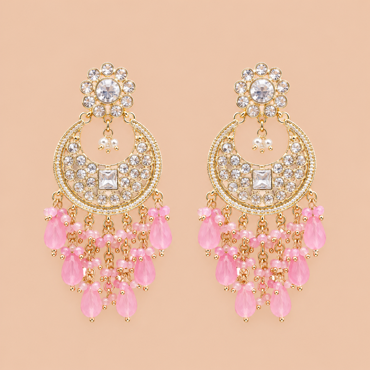 Pink Bead Drop Gold-Tone Crystal Chandelier Earrings