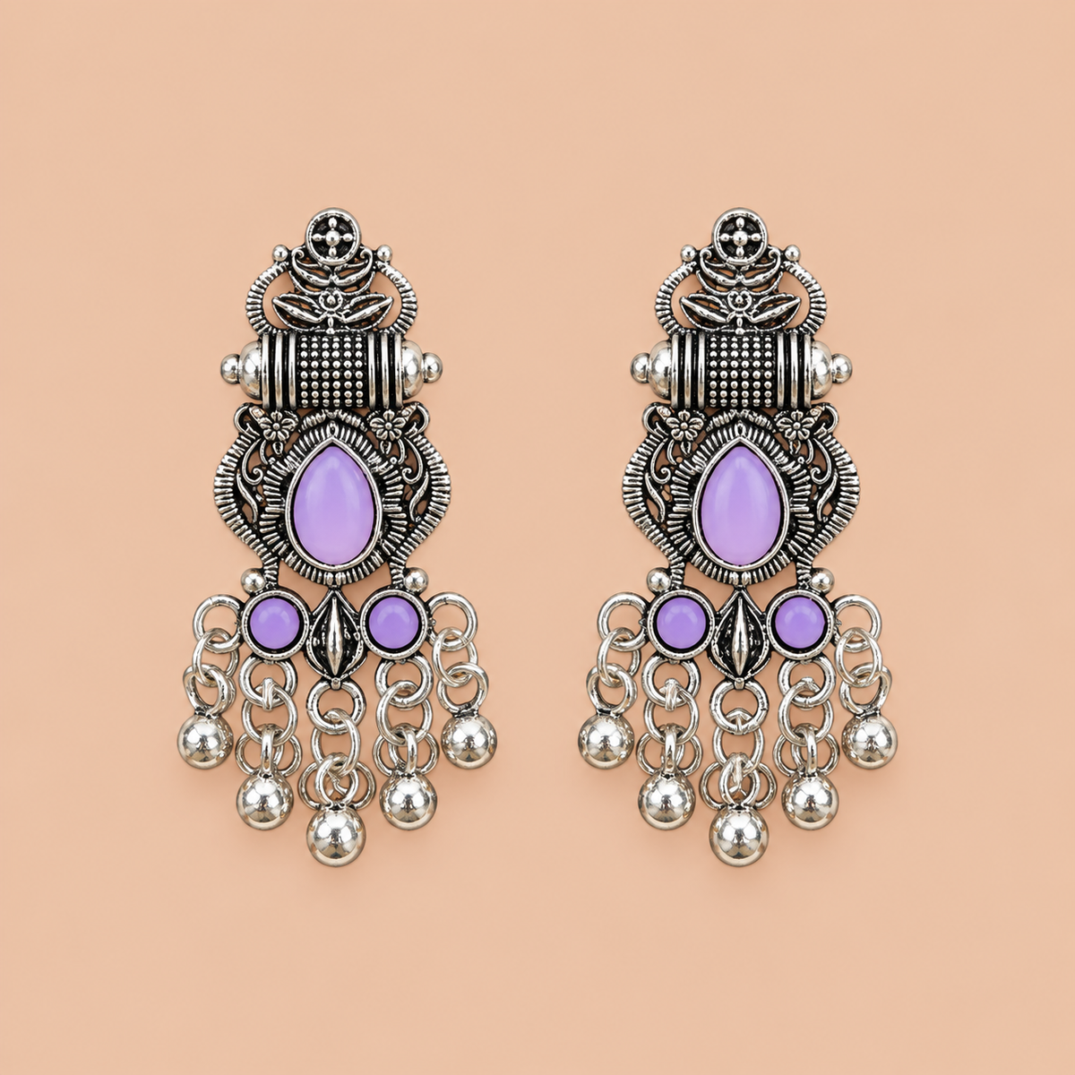 Lilac Purple Stone Oxidized Silver Chandelier Earrings