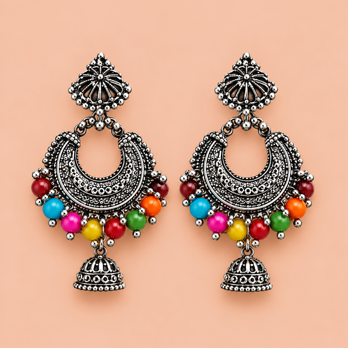 Multicolor Beaded Oxidized Silver Crescent Jhumka Earrings