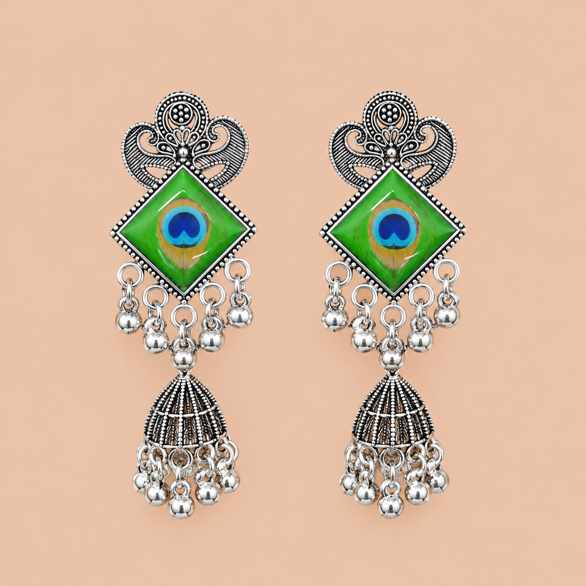 Green Peacock Eye Oxidized Silver Jhumka Earrings