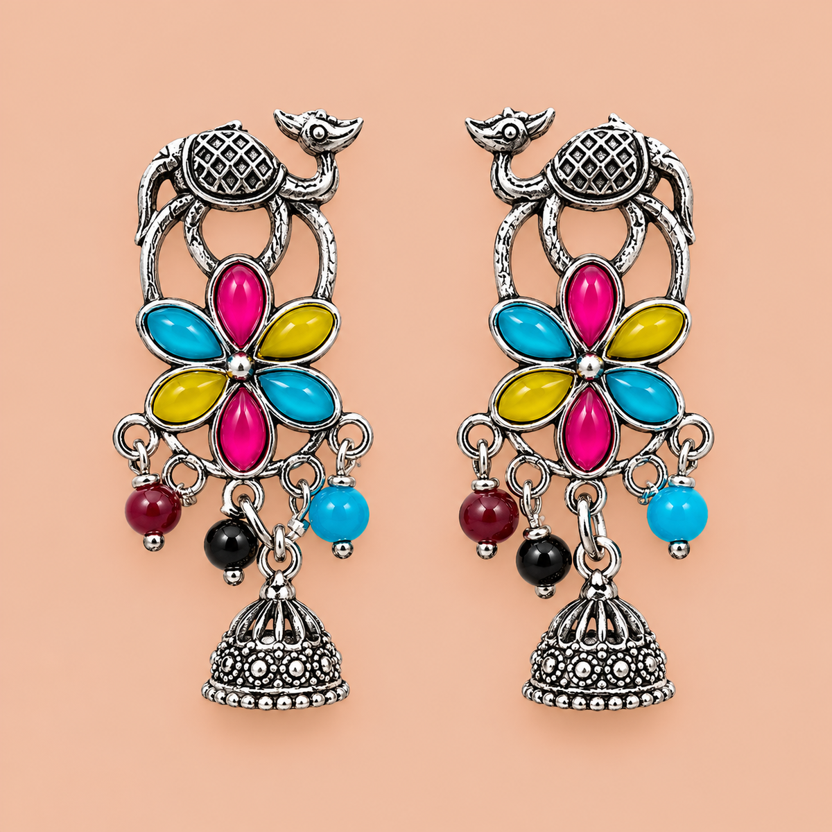 Multicolor Stone Bird Design Oxidized Silver Jhumka Earrings