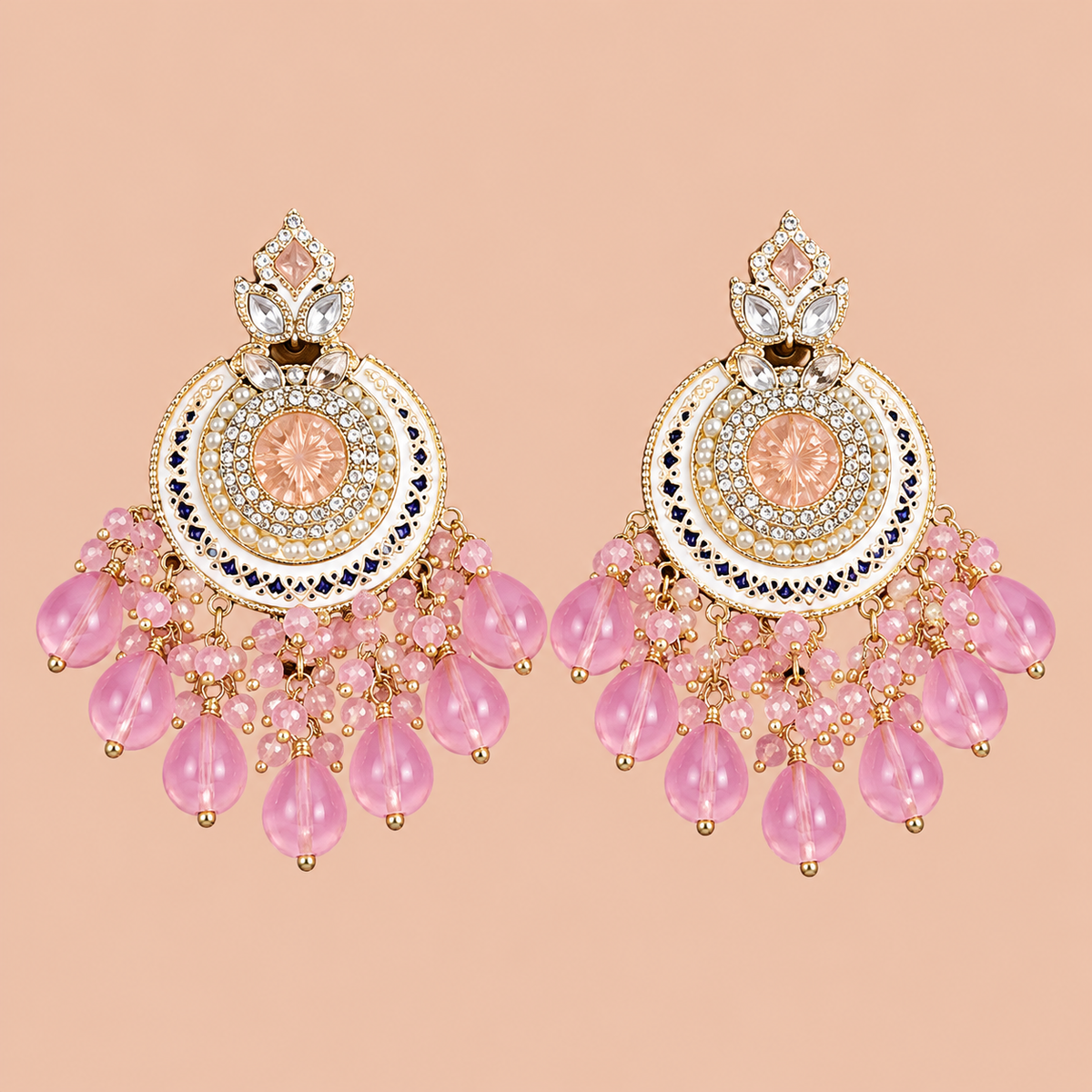Pink Beaded Gold-Tone Circular Statement Jhumka Earrings
