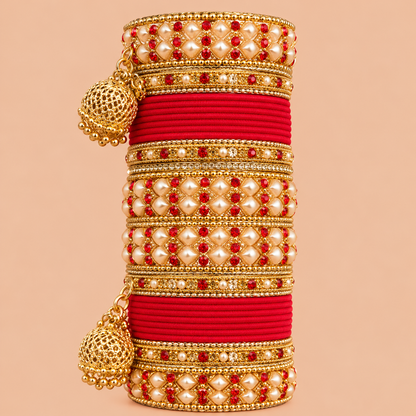 Red Bridal Bangles with Gold-Tone Pearl and Stone Details
